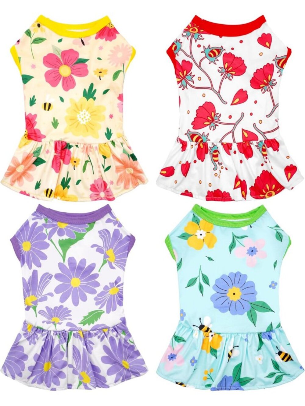 Floral Sleeveless Dog Dresses - 4PCS Sundress Skirts for Small Dogs, Cute Pet